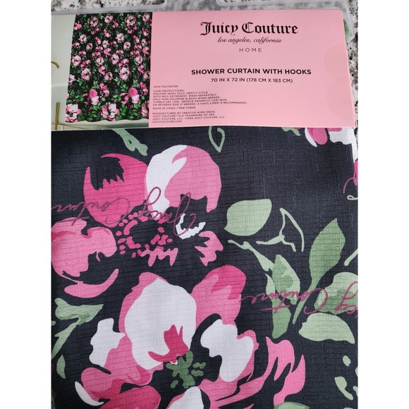 NWT JUICY COUTURE SHOWER CURTAIN WIT HOOKS PEONIES / HIBISCUS FLORAL PRINT - Picture 2 of 4